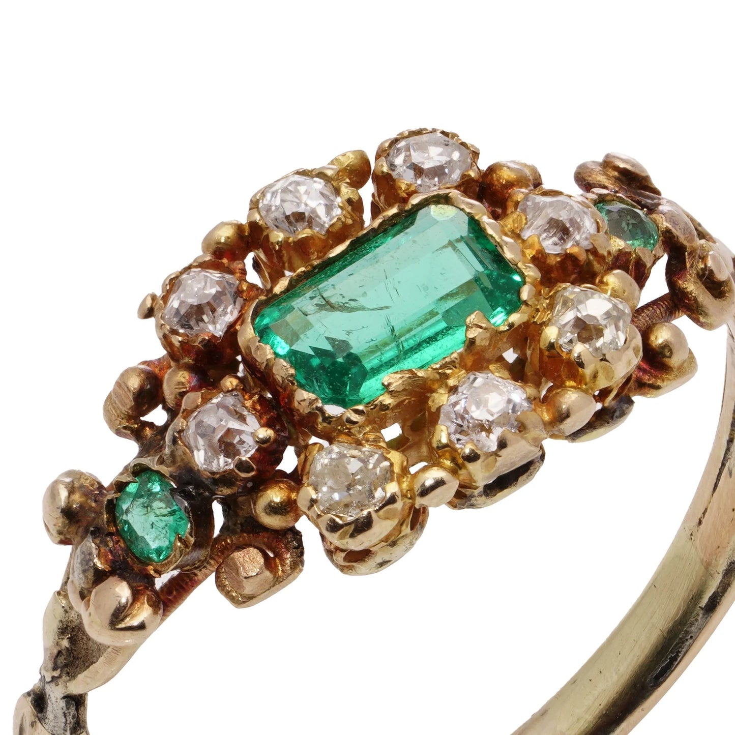 Victorian Antique Emerald and Old Cut Diamond Cluster Ring in 18ct Gold