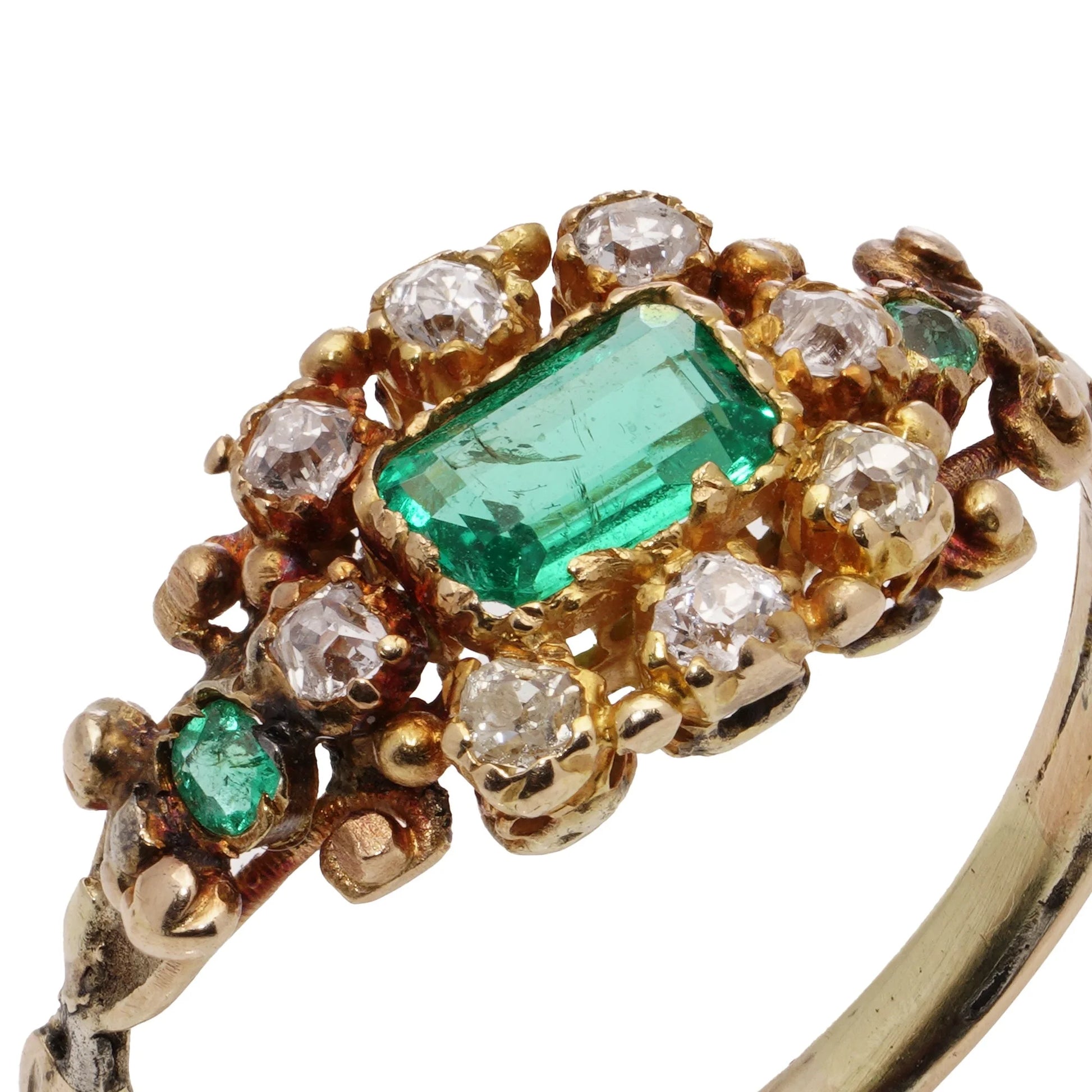 Victorian Antique Emerald and Old Cut Diamond Cluster Ring in 18ct Gold