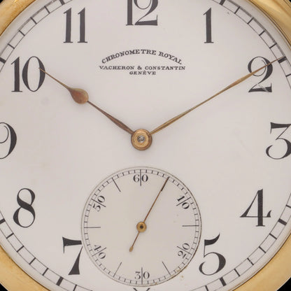 A yellow gold Vacheron & Constantin pocket watch with a white dial and black Arabic numbers