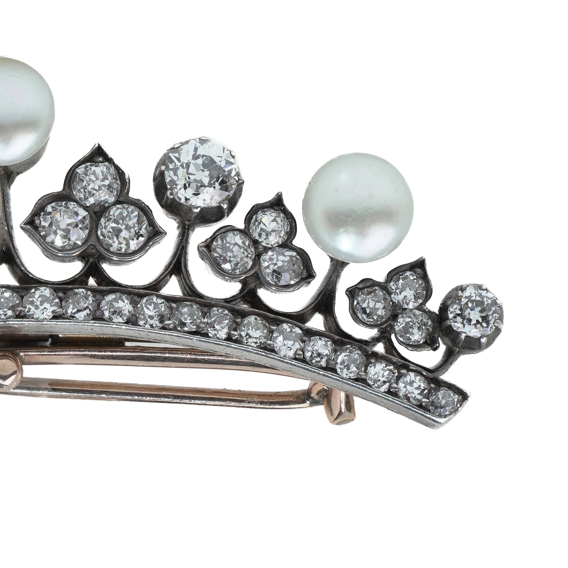 Victorian Diamond and Pearl Crown Brooch in 9KT Gold and Silver, Circa 1880s
