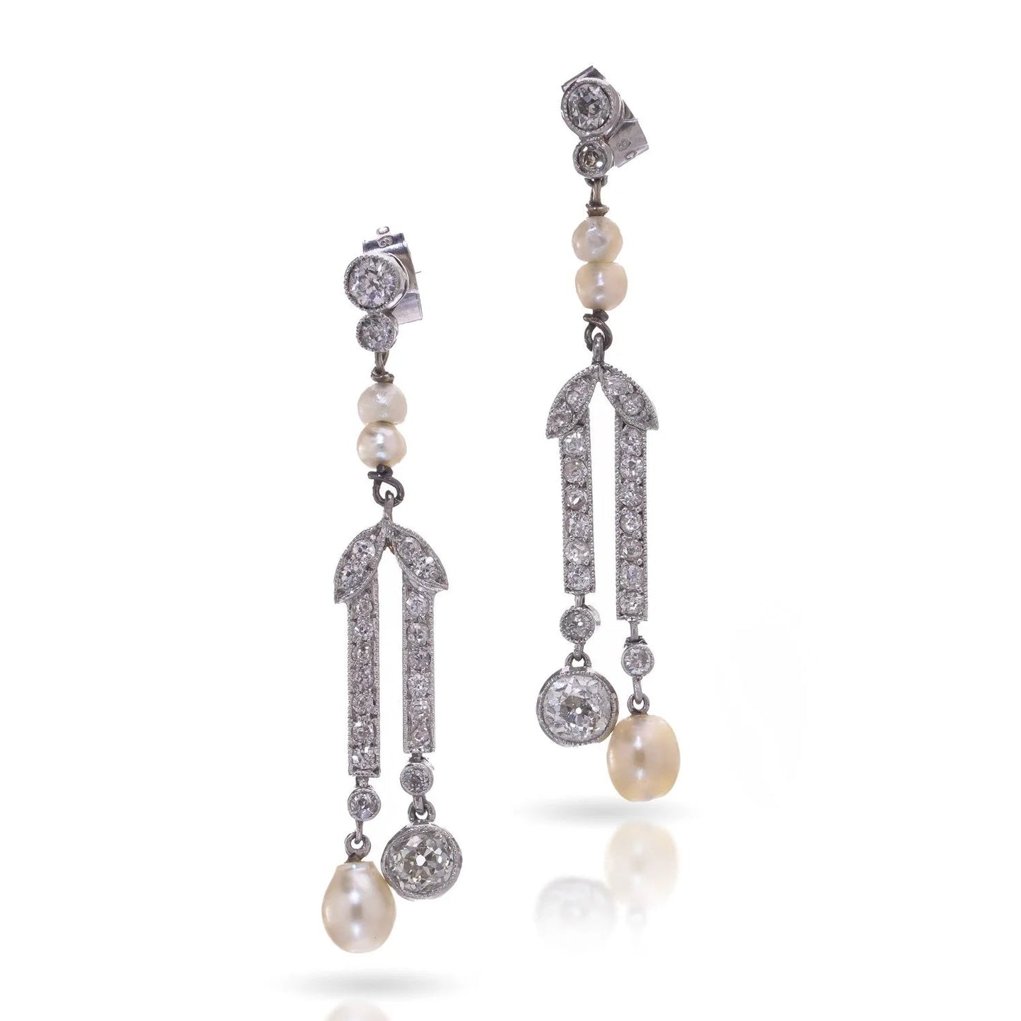 Belle Epoque Old Cut Diamond and Natural Pearl Drop Earrings