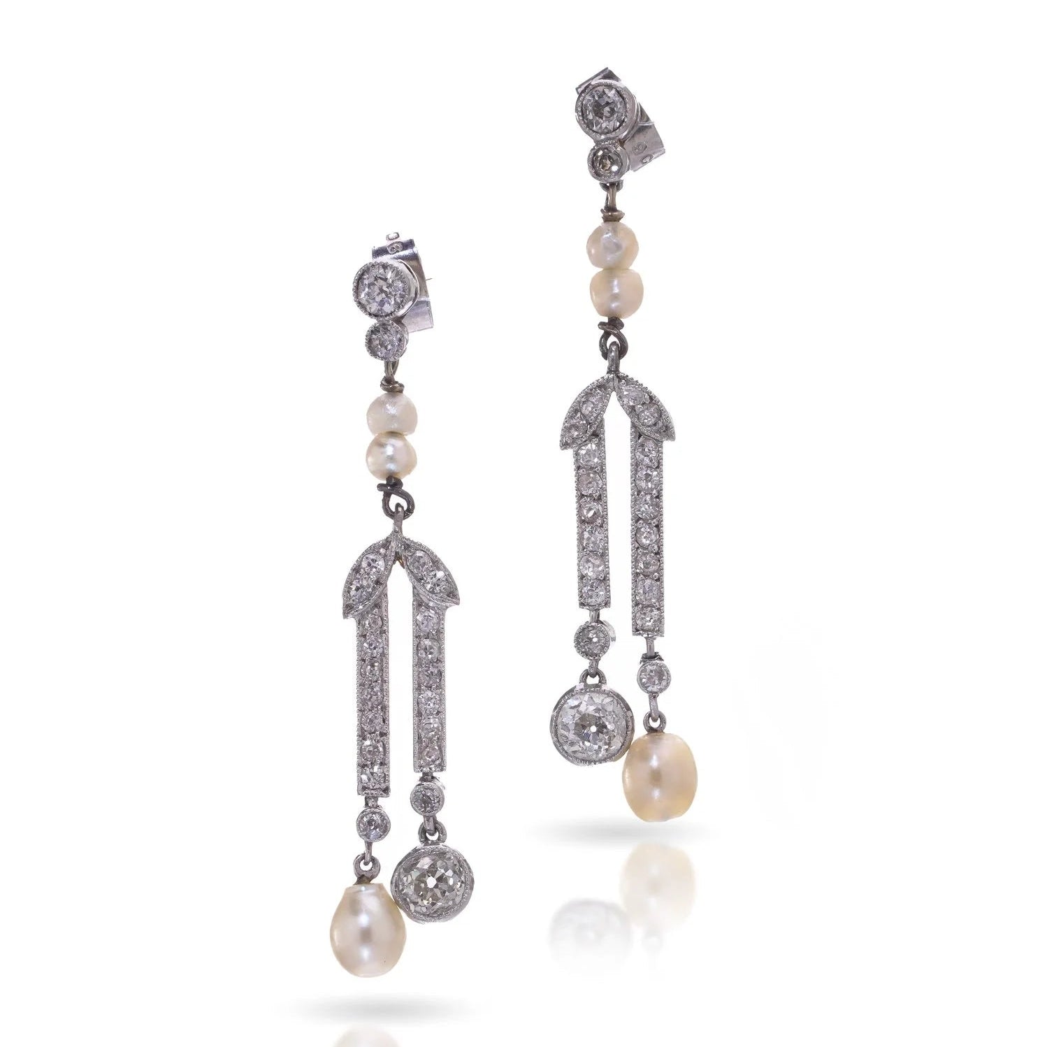 Belle Epoque Old Cut Diamond and Natural Pearl Drop Earrings