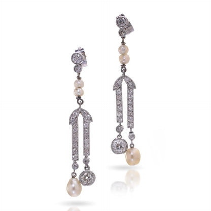Belle Epoque Old Cut Diamond and Natural Pearl Drop Earrings