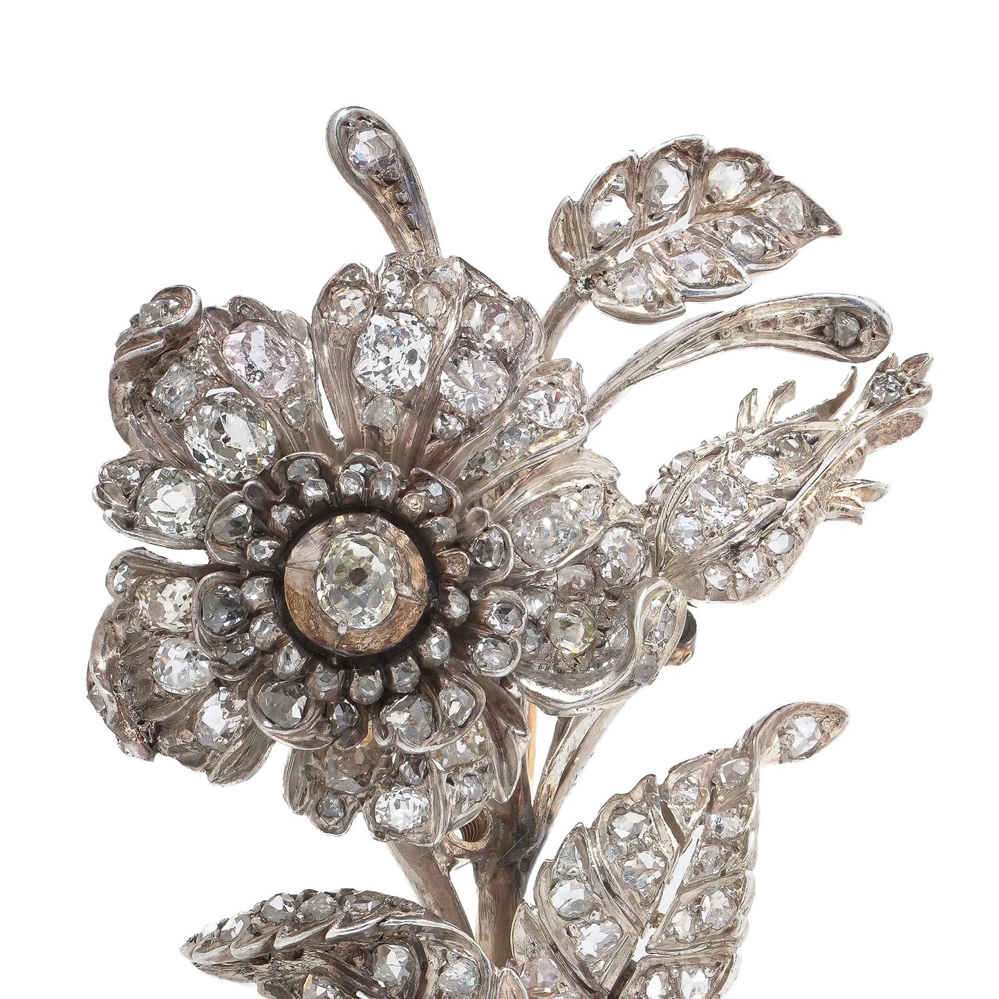 Victorian Gold And Silver Diamond En Tremblant Flower Brooch