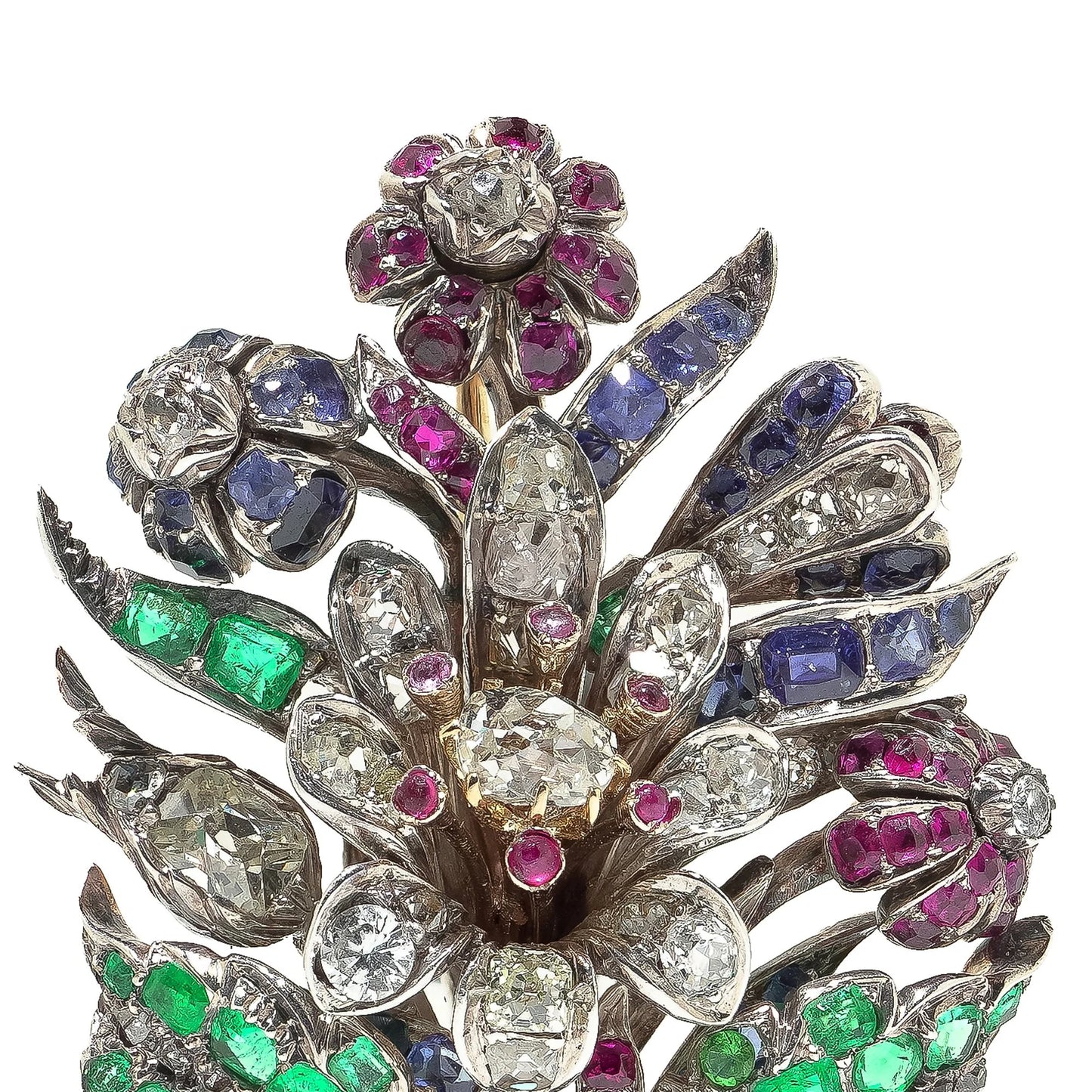 Victorian 9KT Gold and Silver Emerald, Ruby, Sapphire and Diamond Floral Brooch