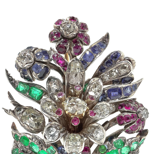 Victorian 9KT Gold and Silver Emerald, Ruby, Sapphire and Diamond Floral Brooch