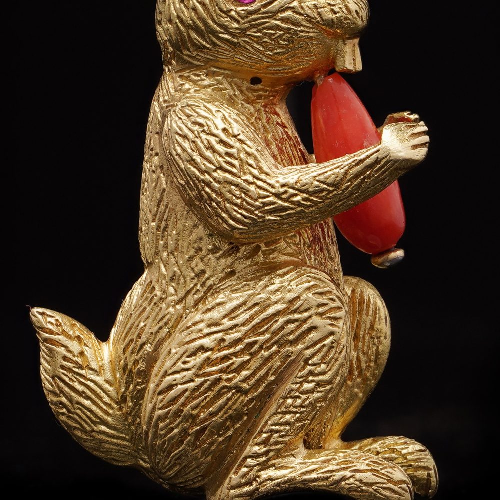 Tiffany & Co. 18 Carat Yellow Gold Bunny Brooch With Coral Carrot And Ruby Eye