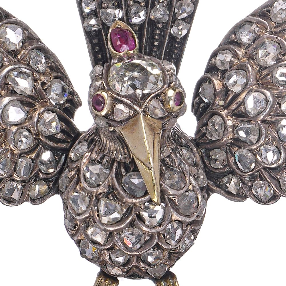 Victorian Old Cut Diamond Bird Brooch In 12 Carat Gold And Silver
