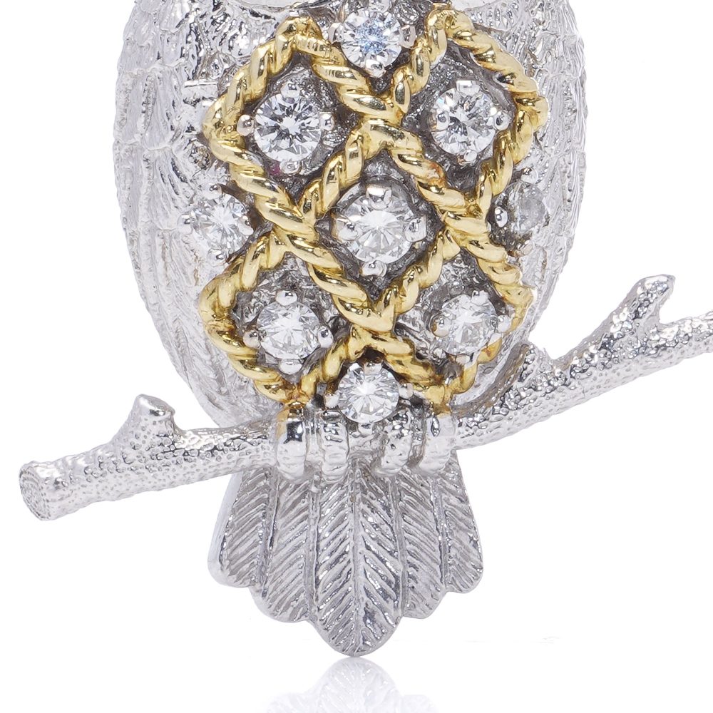18 Carat White And Yellow Gold Diamond And Sapphire Owl Brooch