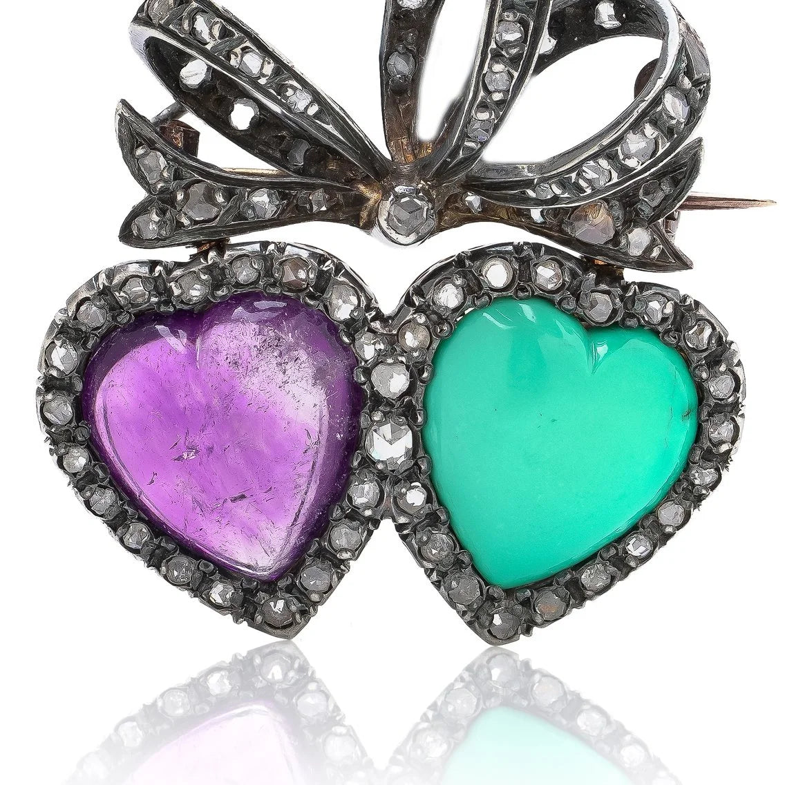 Victorian 9KT Gold and Silver Turquoise, Amethyst and Diamond Double Heart Brooch