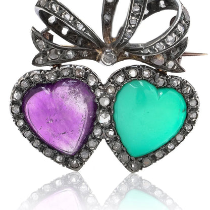 Victorian 9KT Gold and Silver Turquoise, Amethyst and Diamond Double Heart Brooch