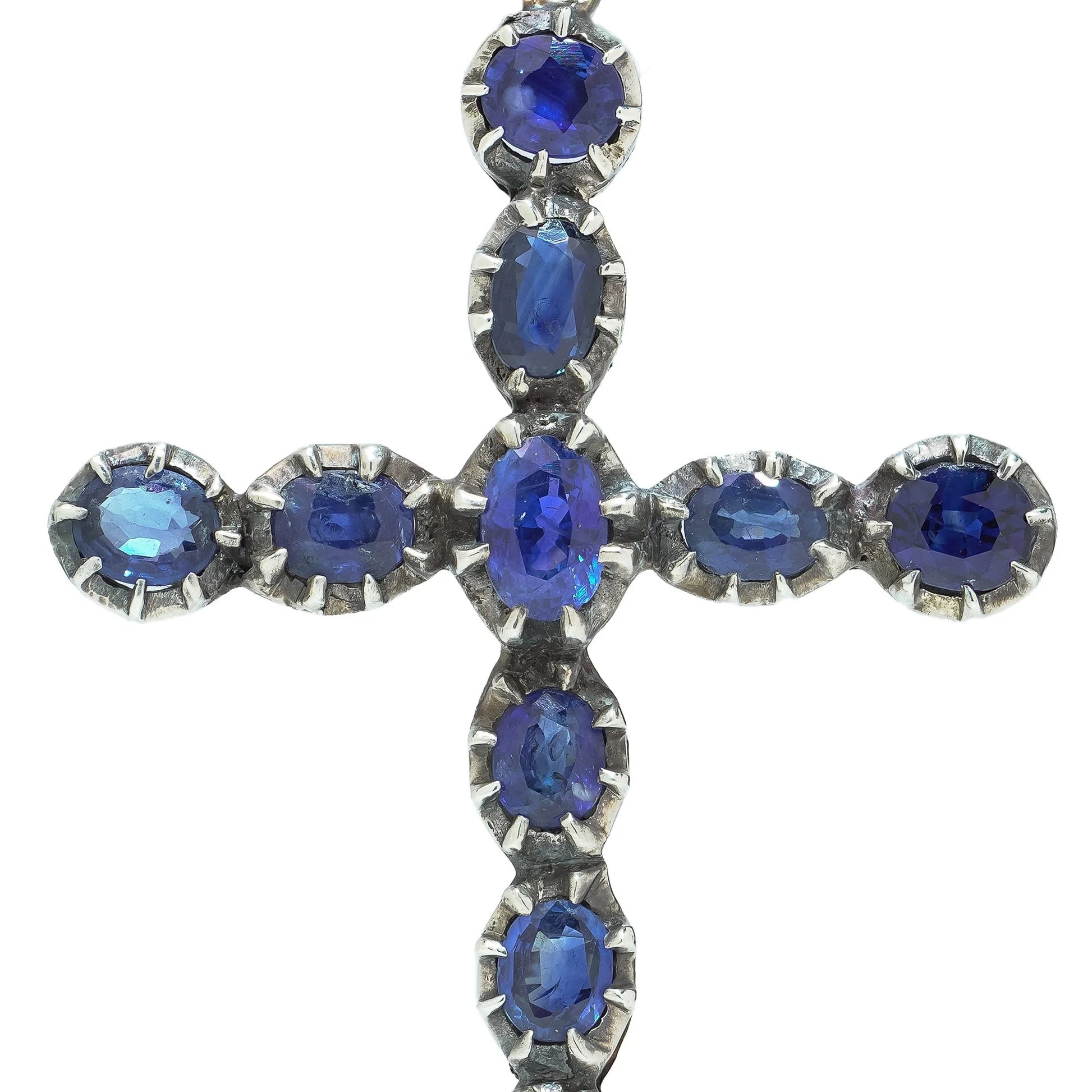Victorian 9 Carat Gold and Silver Sapphire Cross Pendant, 3.40 Carats