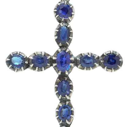 Victorian 9 Carat Gold and Silver Sapphire Cross Pendant, 3.40 Carats
