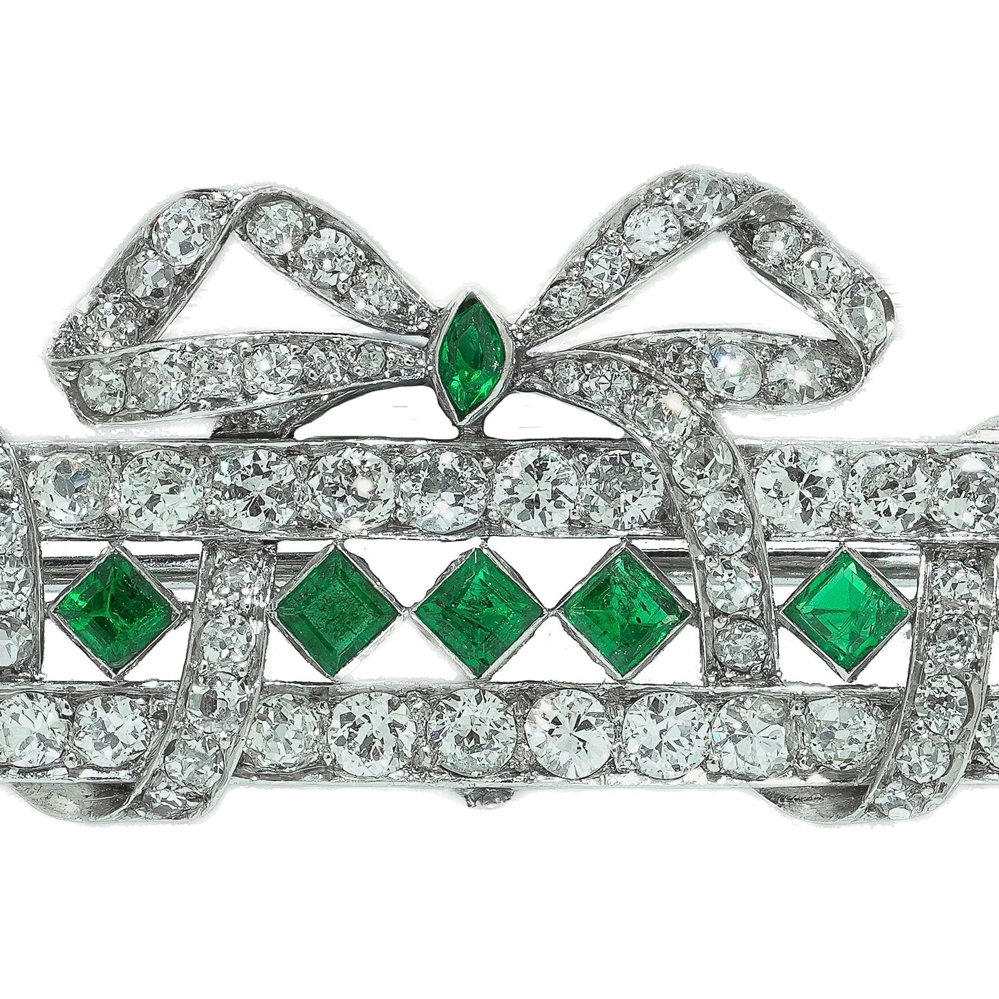 Art Deco Platinum Emerald and Diamond Bow Brooch with Diamond Drops