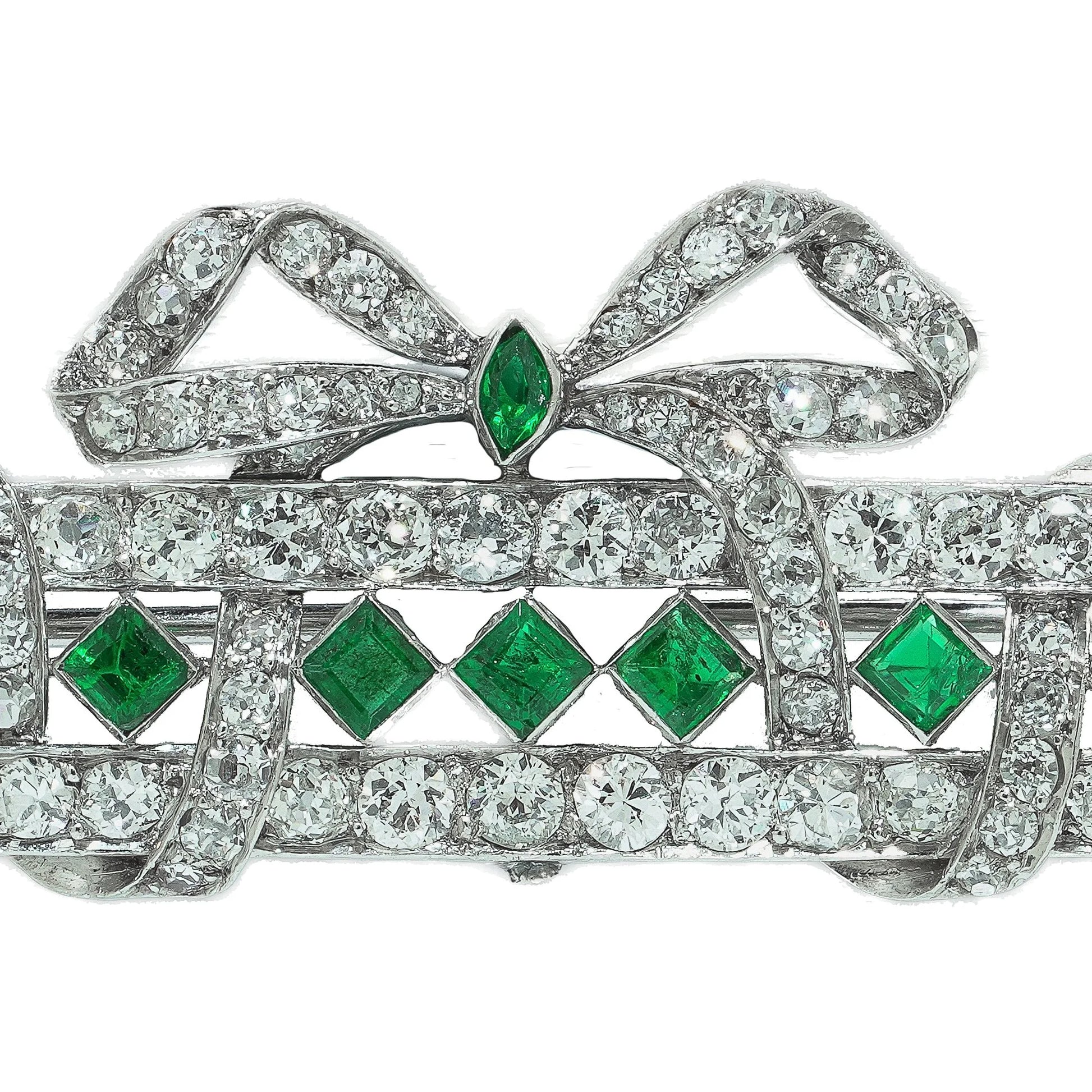 Art Deco Platinum Emerald and Diamond Bow Brooch with Diamond Drops