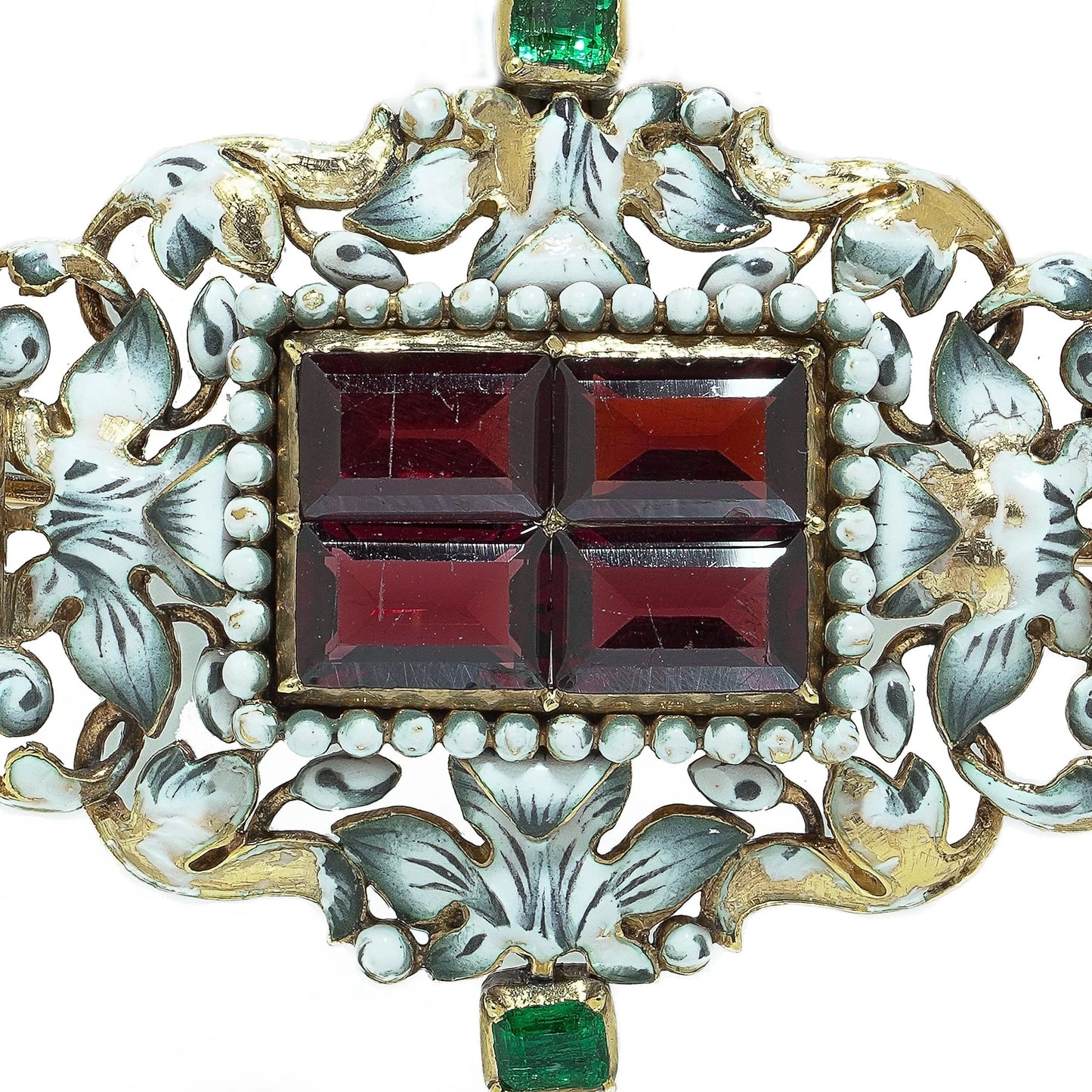 Antique French 18KT Enamel, Garnet and Emerald Renaissance Revival Brooch Pendant