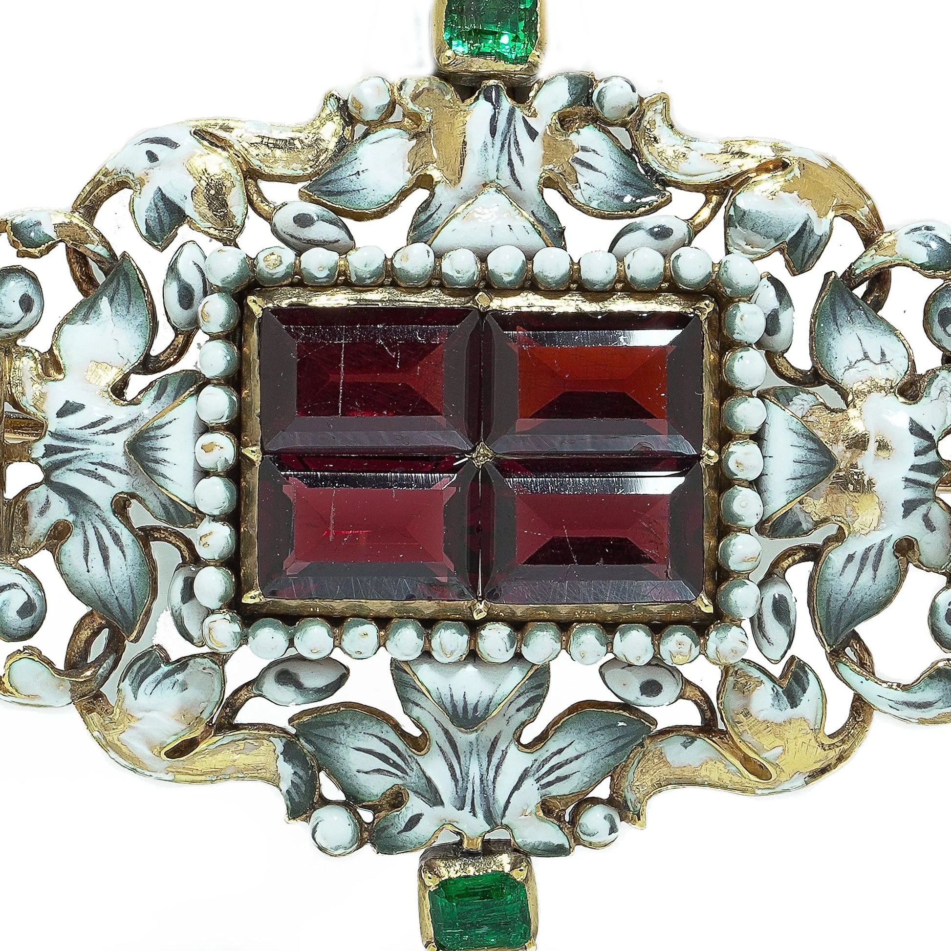 Antique French 18KT Enamel, Garnet and Emerald Renaissance Revival Brooch Pendant