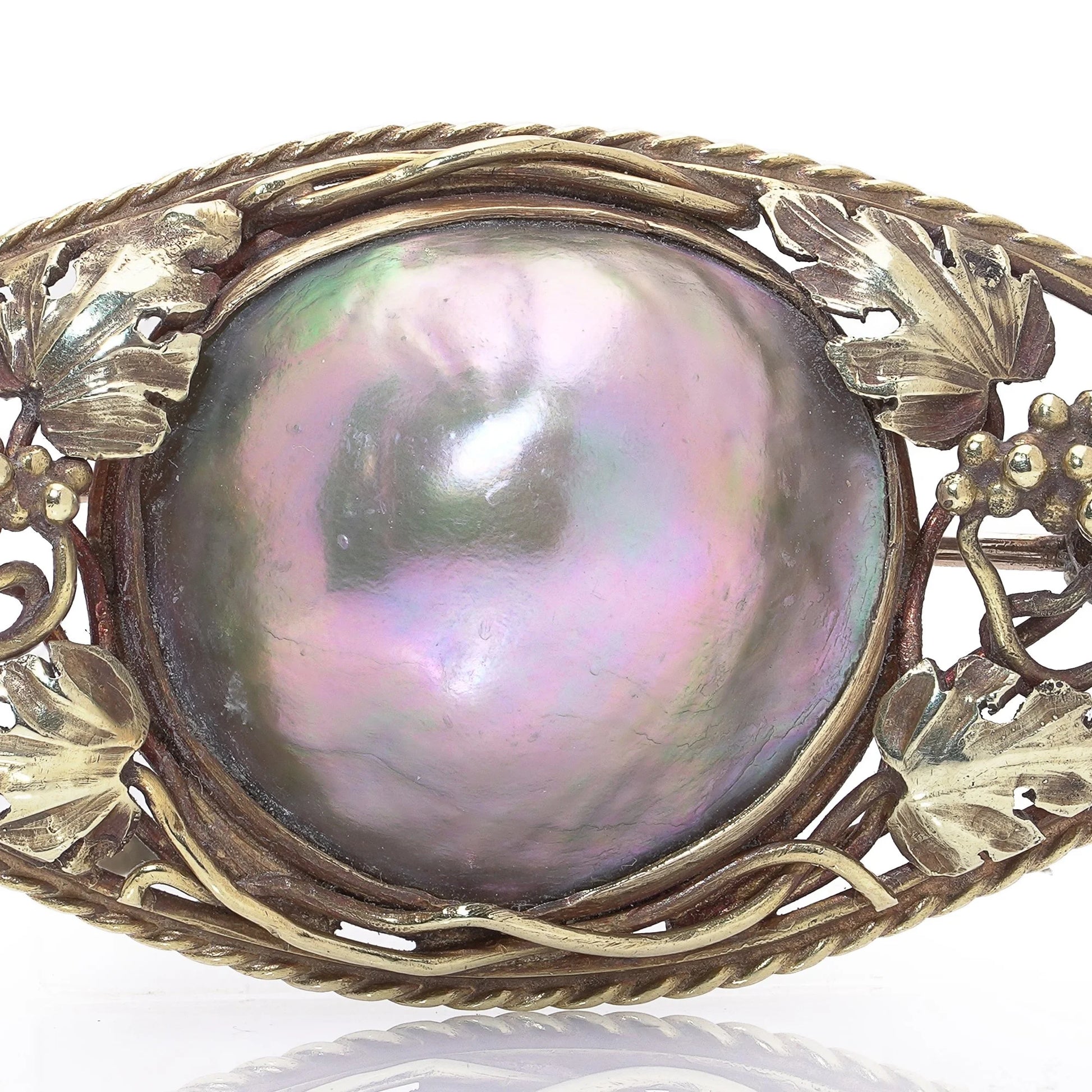 Art Nouveau Tahitian Pearl and Gold Navette Shaped Brooch, Circa 1910