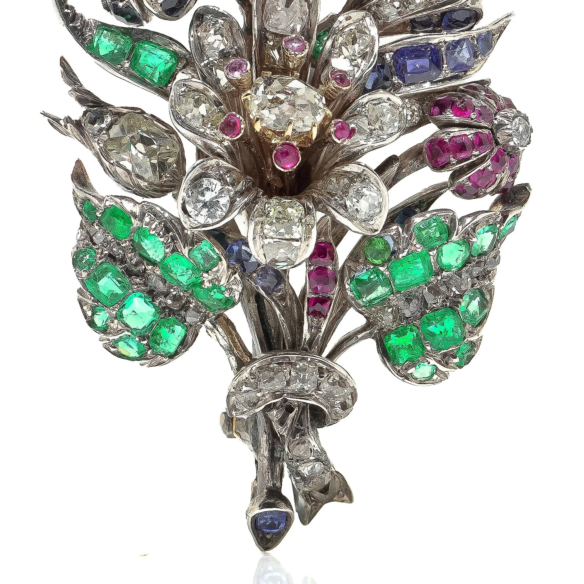 Victorian 9KT Gold and Silver Emerald, Ruby, Sapphire and Diamond Floral Brooch
