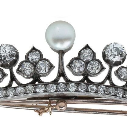 Victorian Diamond and Pearl Crown Brooch in 9KT Gold and Silver, Circa 1880s