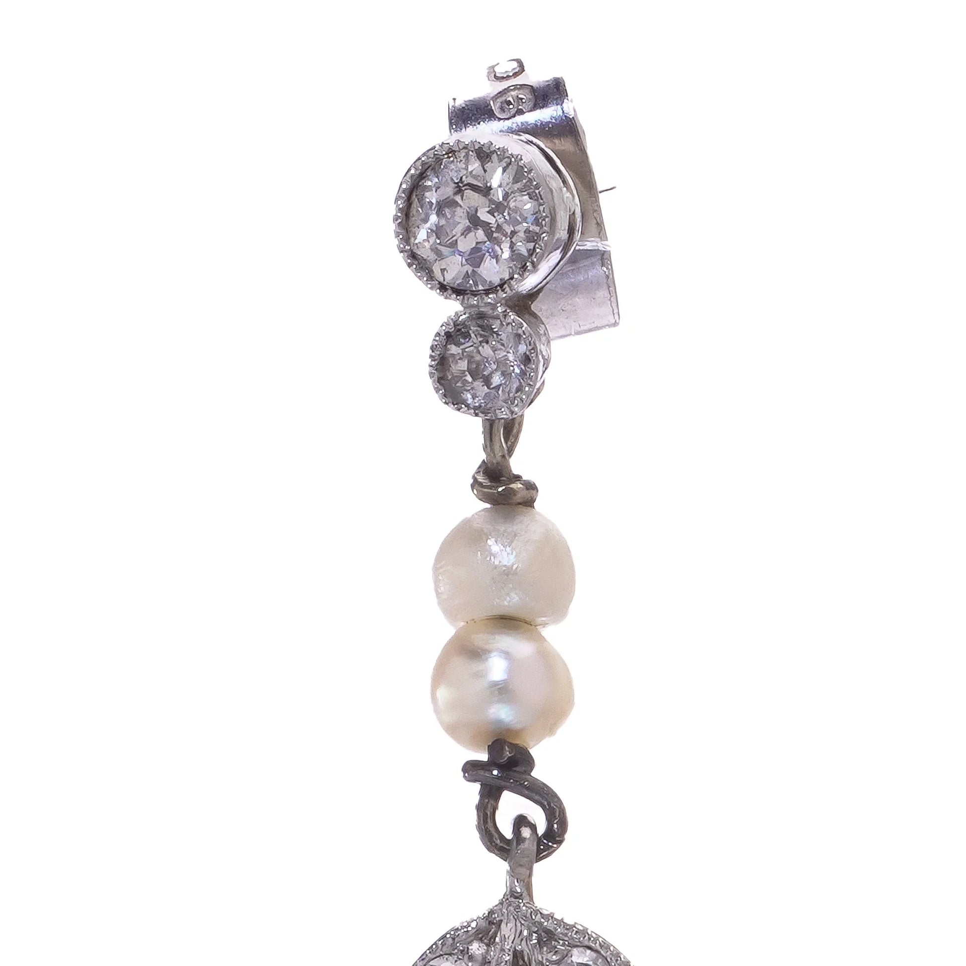 Belle Epoque Old Cut Diamond and Natural Pearl Drop Earrings