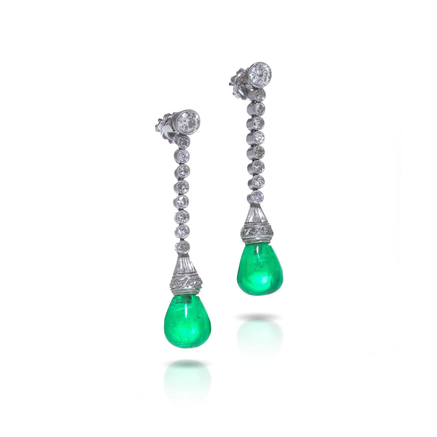 Art Deco Colombian Emerald and Diamond Drop Earrings in Platinum