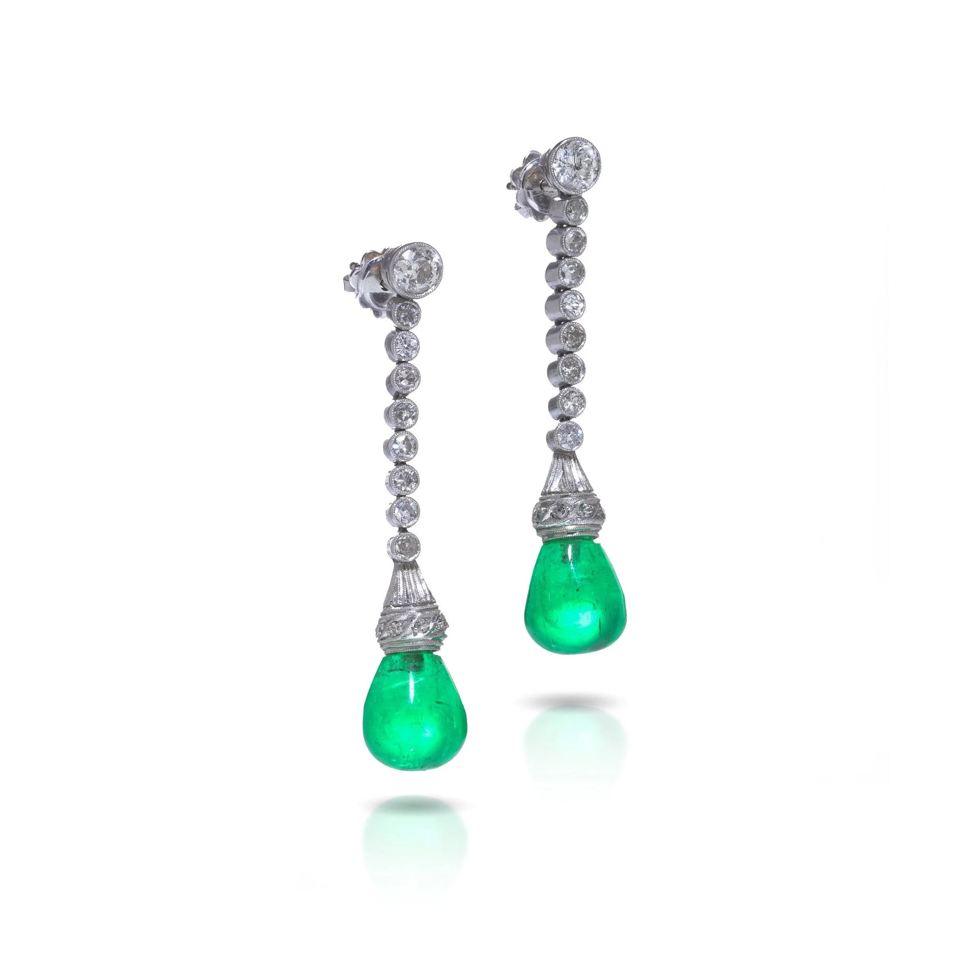 Art Deco Colombian Emerald and Diamond Drop Earrings in Platinum