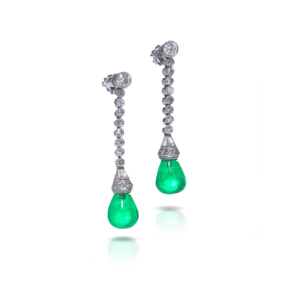 Art Deco Colombian Emerald and Diamond Drop Earrings in Platinum