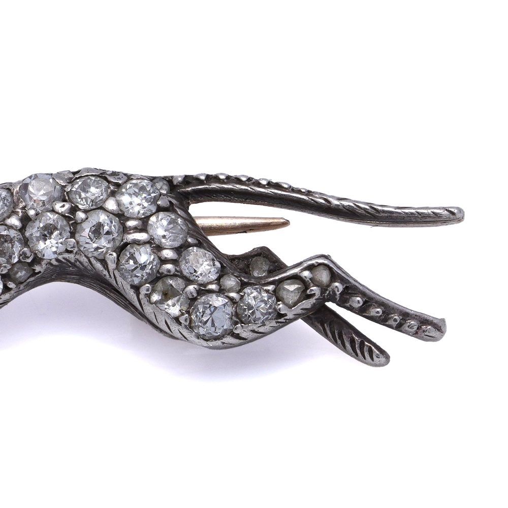 Antique Edwardian 9 Carat Gold And Silver Greyhound Brooch With Old Cut Diamonds