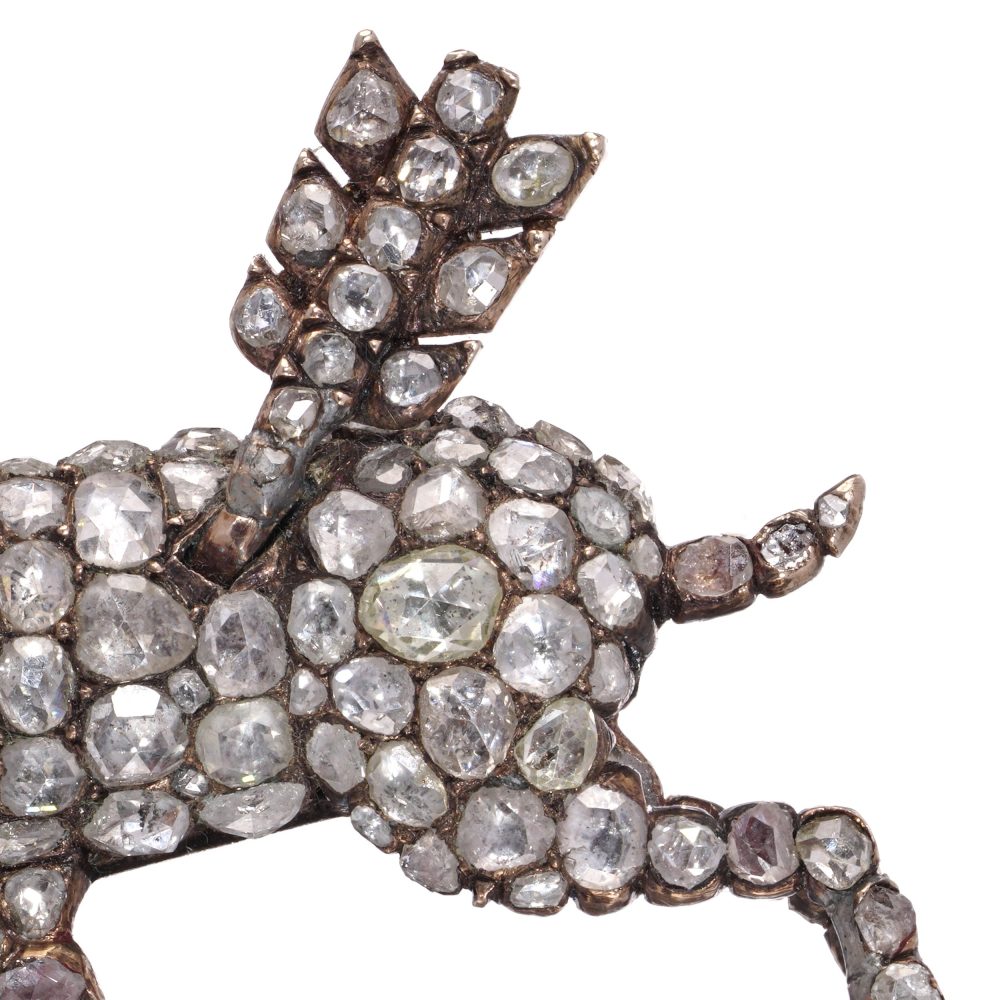 Victorian 9 Carat Rose Gold And Silver Diamond Reindeer Brooch