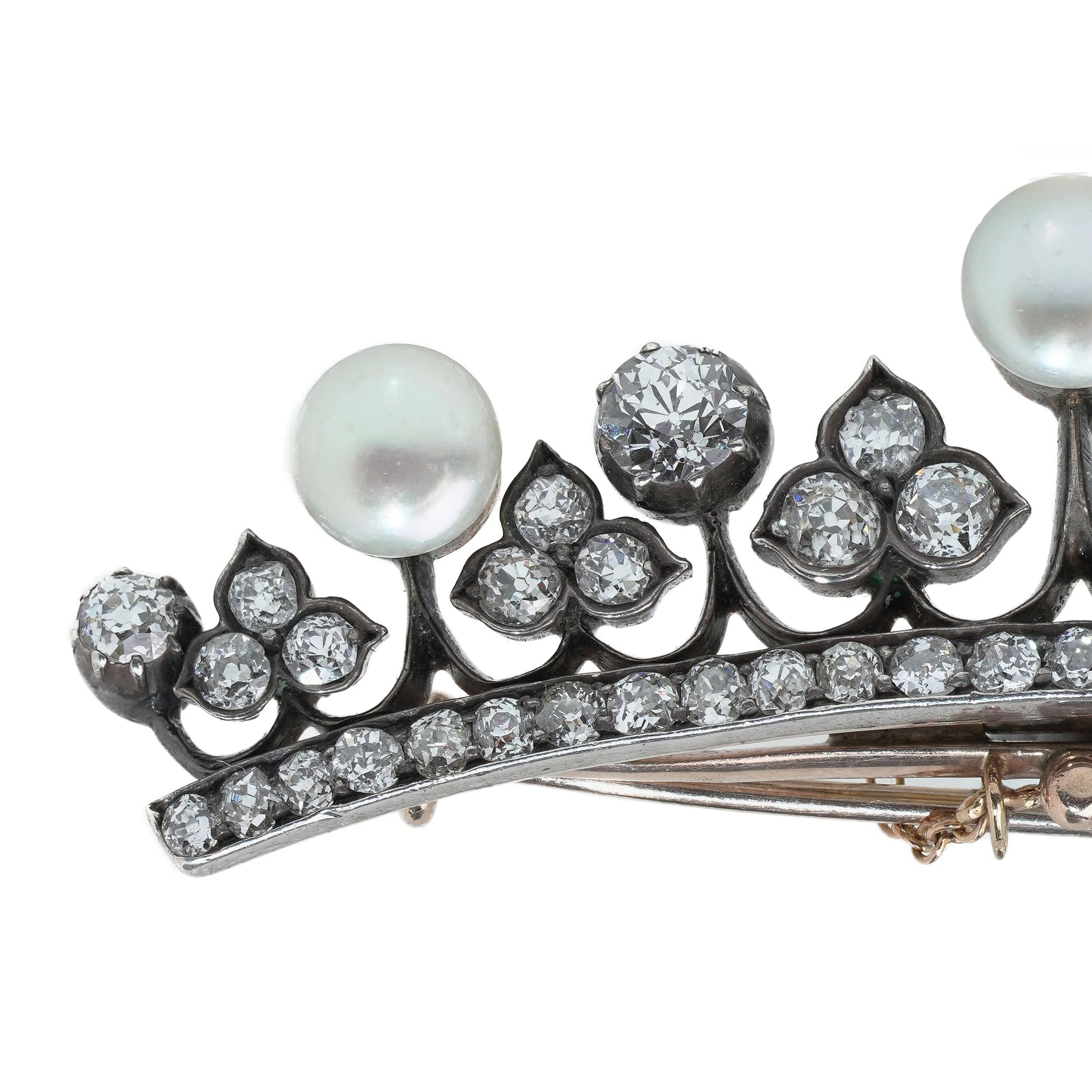 Victorian Diamond and Pearl Crown Brooch in 9KT Gold and Silver, Circa 1880s