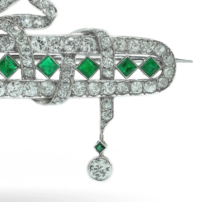 Art Deco Platinum Emerald and Diamond Bow Brooch with Diamond Drops