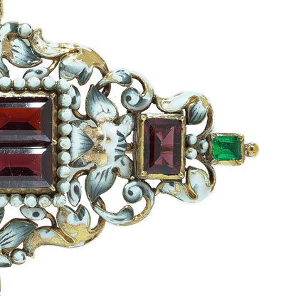 Antique French 18KT Enamel, Garnet and Emerald Renaissance Revival Brooch Pendant