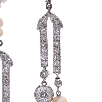 Belle Epoque Old Cut Diamond and Natural Pearl Drop Earrings