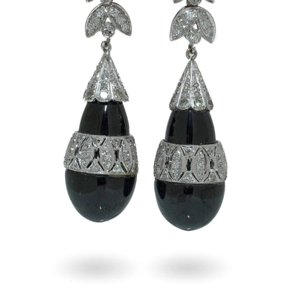 Art Deco Platinum Onyx and Diamond Drop Earrings