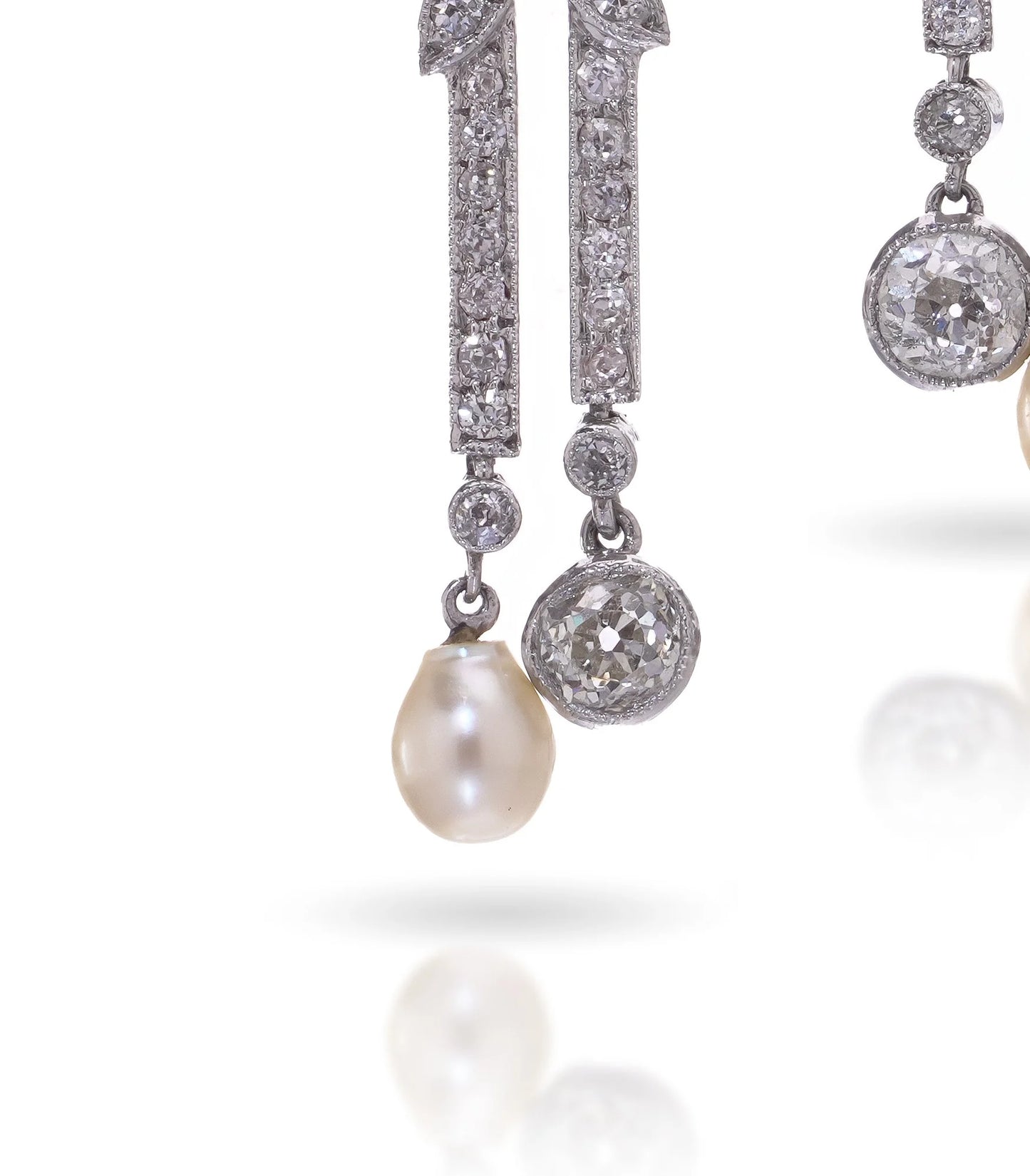 Belle Epoque Old Cut Diamond and Natural Pearl Drop Earrings