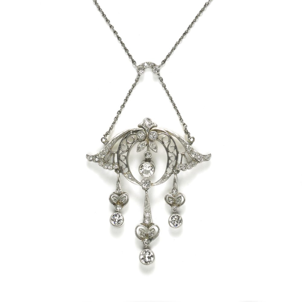 Antique Edwardian Diamond Set Pendant Brooch, Platinum