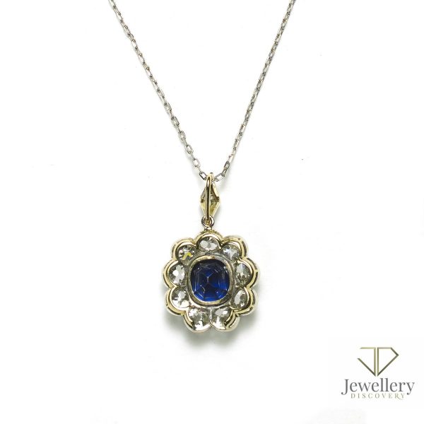 Antique Edwardian Sapphire and Diamond Cluster Pendant