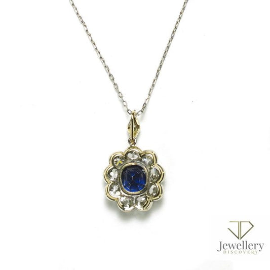 Antique Edwardian Sapphire and Diamond Cluster Pendant