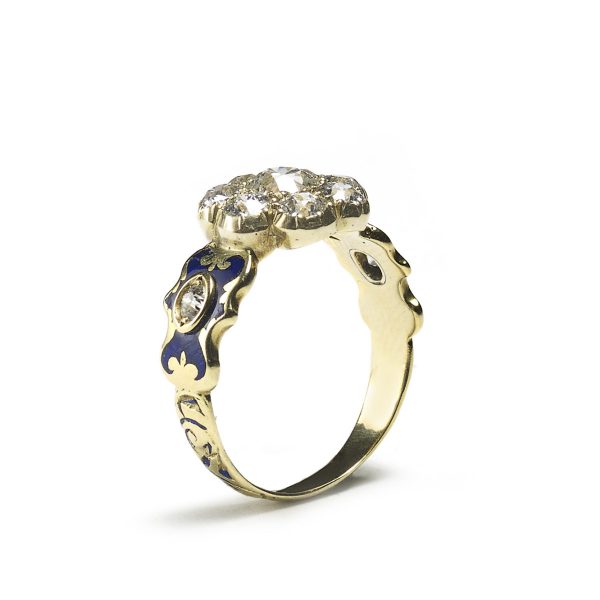 diamond blue enamel diamond cluster ring antique victorian 19th