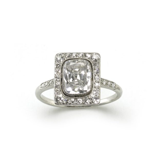 Antique Edwardian Cushion Cut Diamond Cluster Platinum Ring