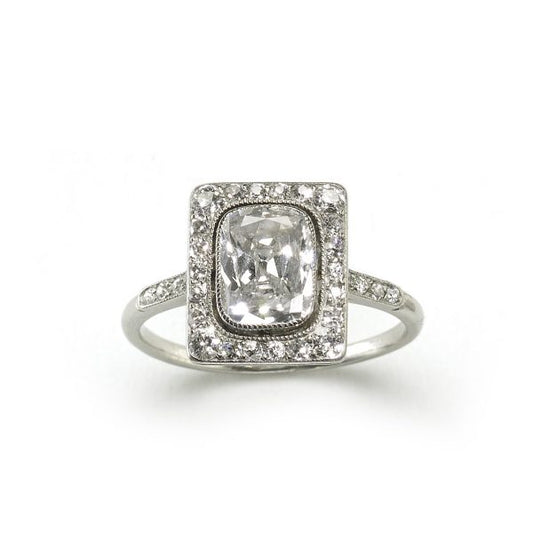 Antique Edwardian Cushion Cut Diamond Cluster Platinum Ring