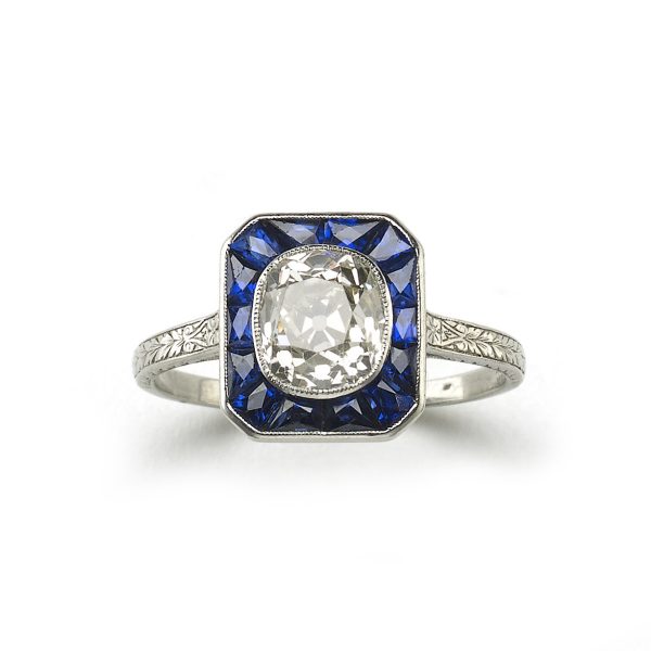 Art deco sapphire and diamond target ring old cut diamond calibre sapphire platinum 1920 1930