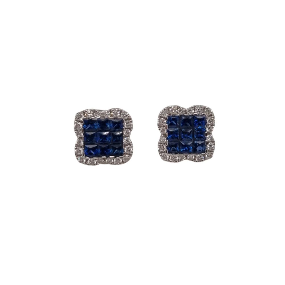 Square Sapphire and Diamond Cluster Stud Earrings in 18ct White Gold