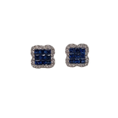 Square Sapphire and Diamond Cluster Stud Earrings in 18ct White Gold