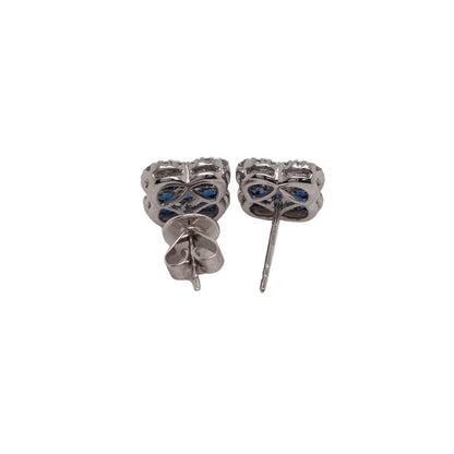 Square Sapphire and Diamond Cluster Stud Earrings in 18ct White Gold