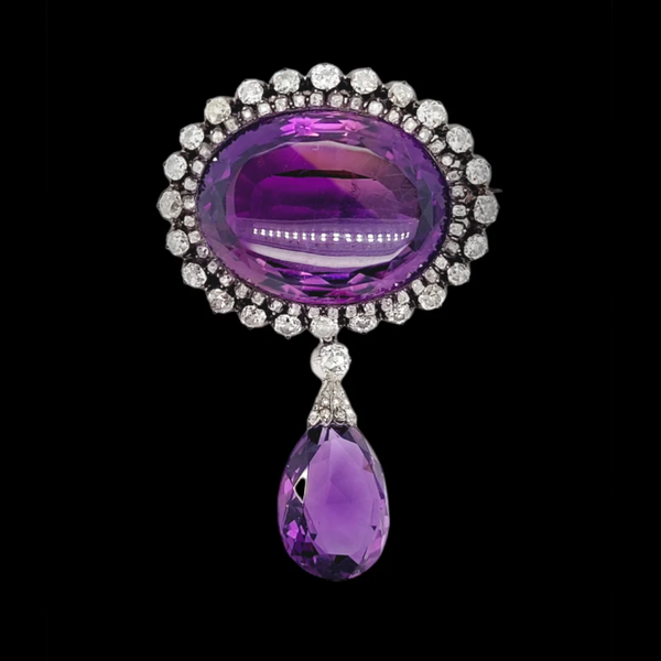 Fine Victorian Antique Amethyst and 7ct Old Cut Diamond Cluster Drop Pendant Brooch