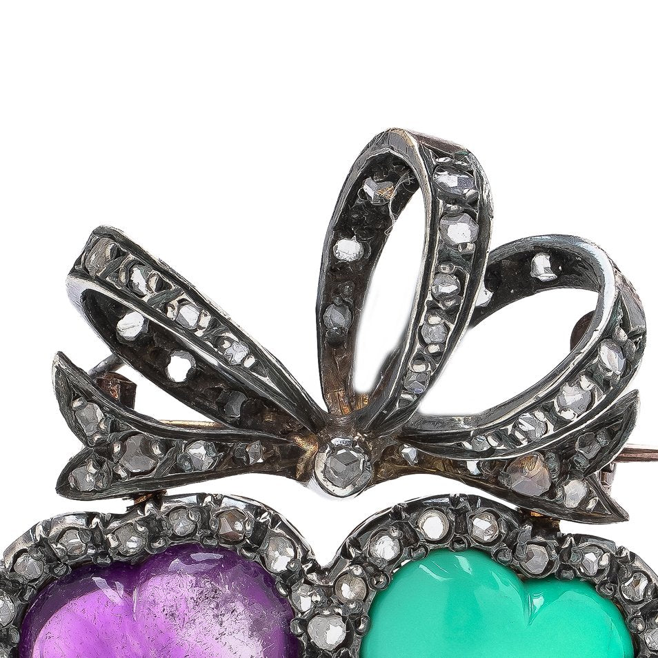 Victorian 9KT Gold and Silver Turquoise, Amethyst and Diamond Double Heart Brooch