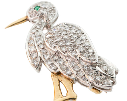 Vintage 18kt yellow gold stork brooch with diamonds