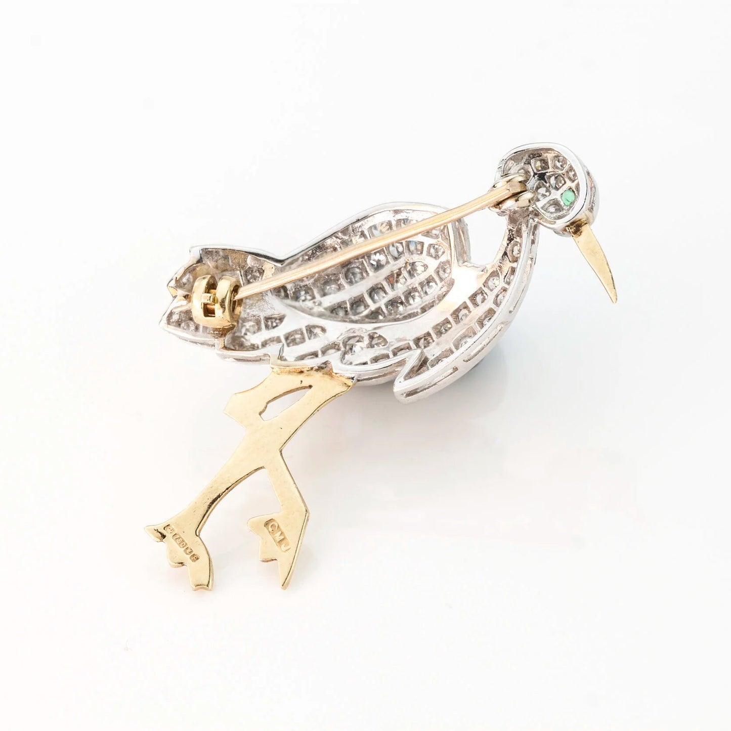 Vintage 18kt yellow gold stork brooch with diamonds